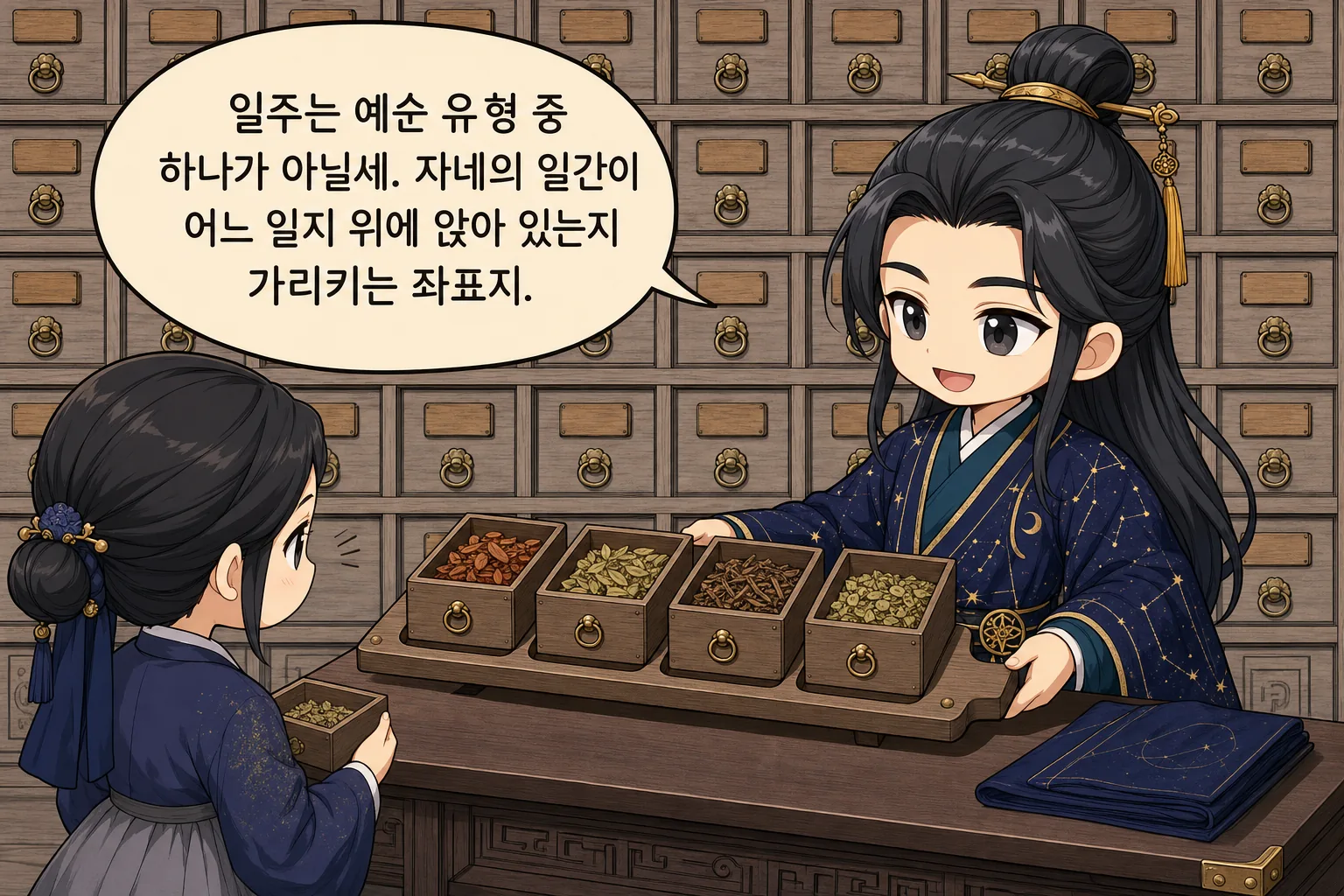 일주는 예순 유형 중 하나가 아닐세. 자네의 일간이 어느 일지 위에 앉아 있는지 가리키는 좌표지.