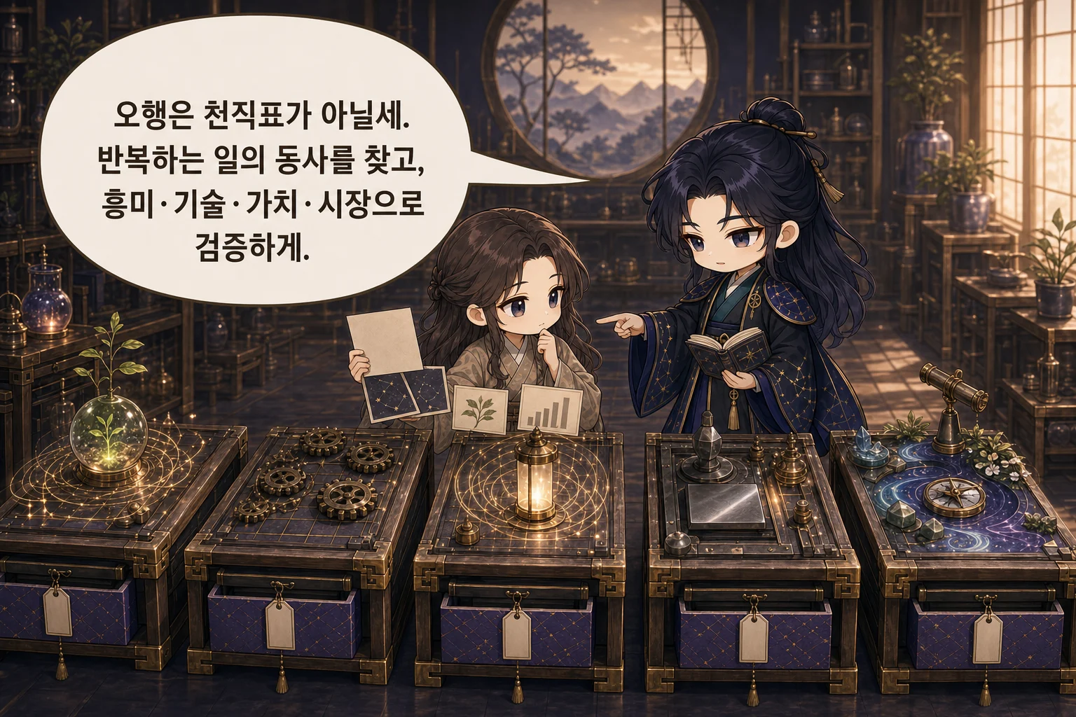 오행은 천직표가 아닐세. 반복하는 일의 동사를 찾고, 흥미·기술·가치·시장으로 검증하게.