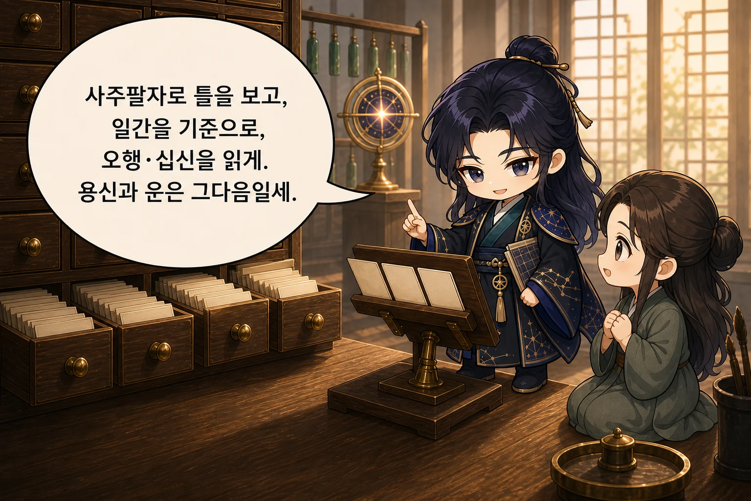 사주팔자로 틀을 보고, 일간을 기준으로, 오행·십신을 읽게. 용신과 운은 그다음일세.