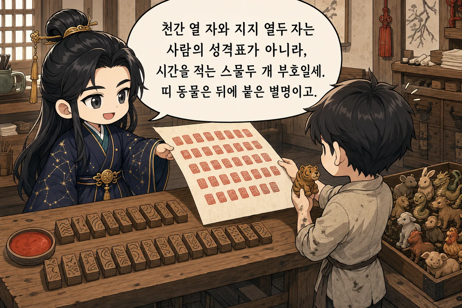 천간 열 자와 지지 열두 자는 사람의 성격표가 아니라, 시간을 적는 스물두 개 부호일세. 띠 동물은 뒤에 붙은 별명이고.