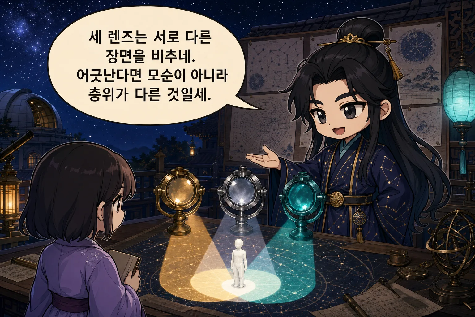 세 렌즈는 서로 다른 장면을 비추네. 어긋난다면 모순이 아니라 층위가 다른 것일세.