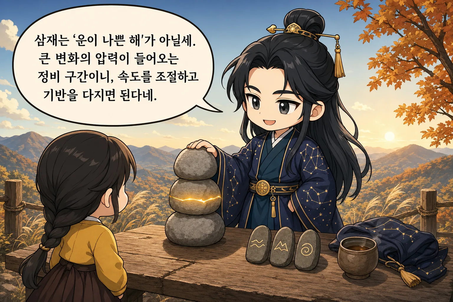 삼재는 '운이 나쁜 해'가 아닐세. 큰 변화의 압력이 들어오는 정비 구간이니, 속도를 조절하고 기반을 다지면 된다네.