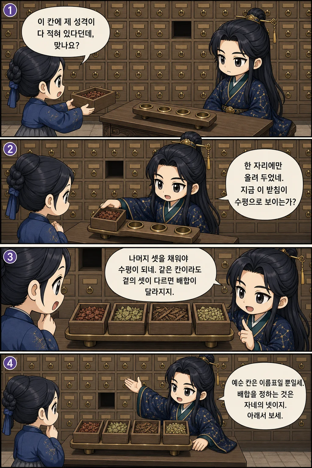 1. 이 칸에 제 성격이 다 적혀 있다던데, 맞나요? 2. 한 자리에만 올려 두었네. 지금 이 받침이 수평으로 보이는가? 3. 나머지 셋을 채워야 수평이 되네. 같은 칸이라도 곁의 셋이 다르면 배합이 달라지지. 4. 예순 칸은 이름표일 뿐일세. 배합을 정하는 것은 자네의 넷이지. 아래서 보세.