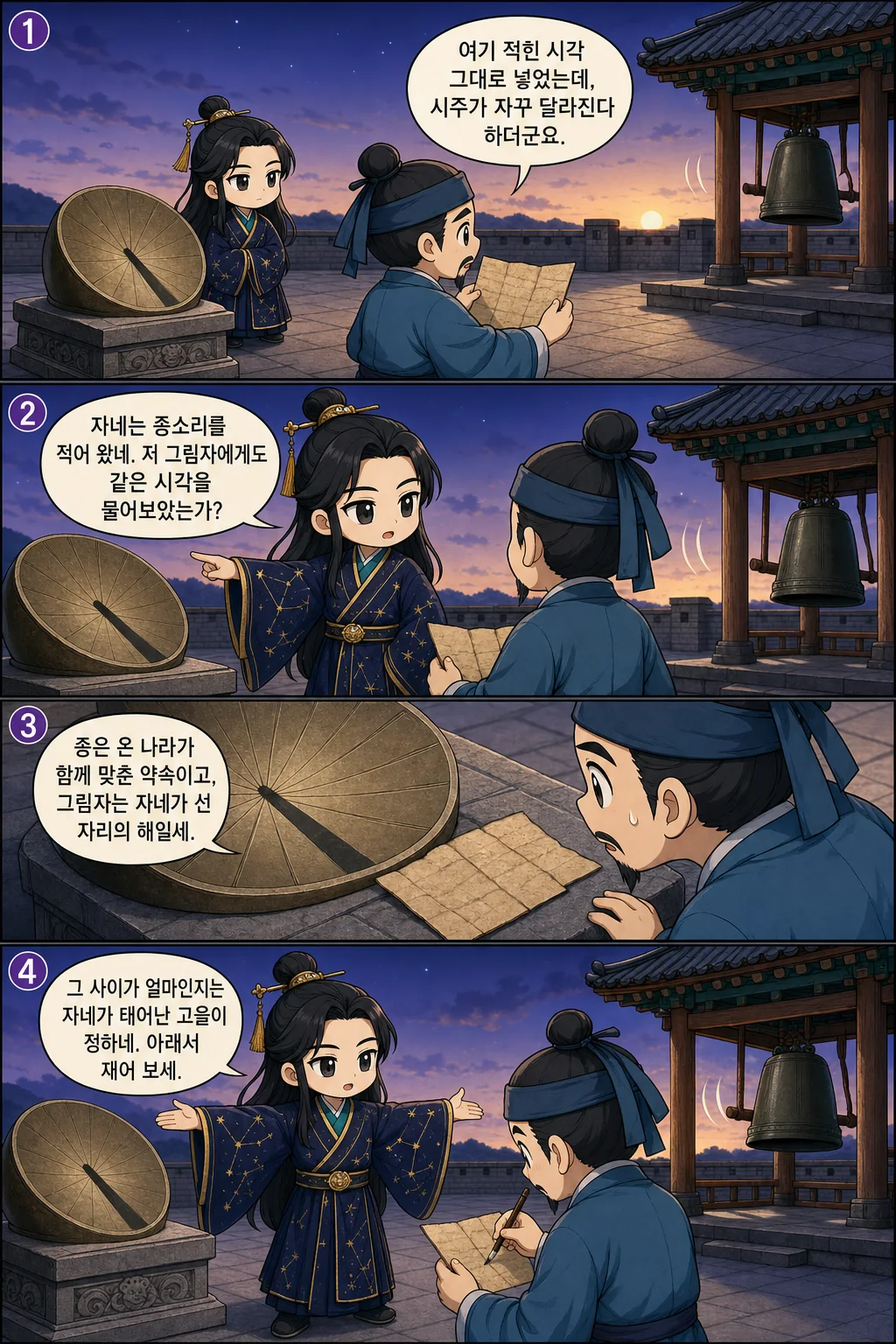 1. 여기 적힌 시각 그대로 넣었는데, 시주가 자꾸 달라진다 하더군요. 2. 자네는 종소리를 적어 왔네. 저 그림자에게도 같은 시각을 물어보았는가? 3. 종은 온 나라가 함께 맞춘 약속이고, 그림자는 자네가 선 자리의 해일세. 4. 그 사이가 얼마인지는 자네가 태어난 고을이 정하네. 아래서 재어 보세.