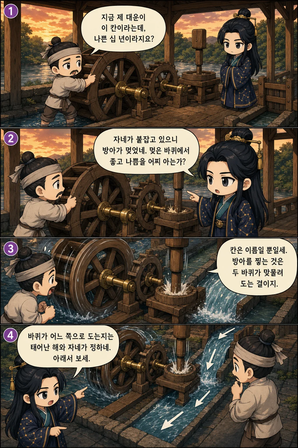 1. 지금 제 대운이 이 칸이라는데, 나쁜 십 년이라지요? 2. 자네가 붙잡고 있으니 방아가 멎었네. 멎은 바퀴에서 좋고 나쁨을 어찌 아는가? 3. 칸은 이름일 뿐일세. 방아를 찧는 것은 두 바퀴가 맞물려 도는 결이지. 4. 바퀴가 어느 쪽으로 도는지는 태어난 해와 자네가 정하네. 아래서 보세.