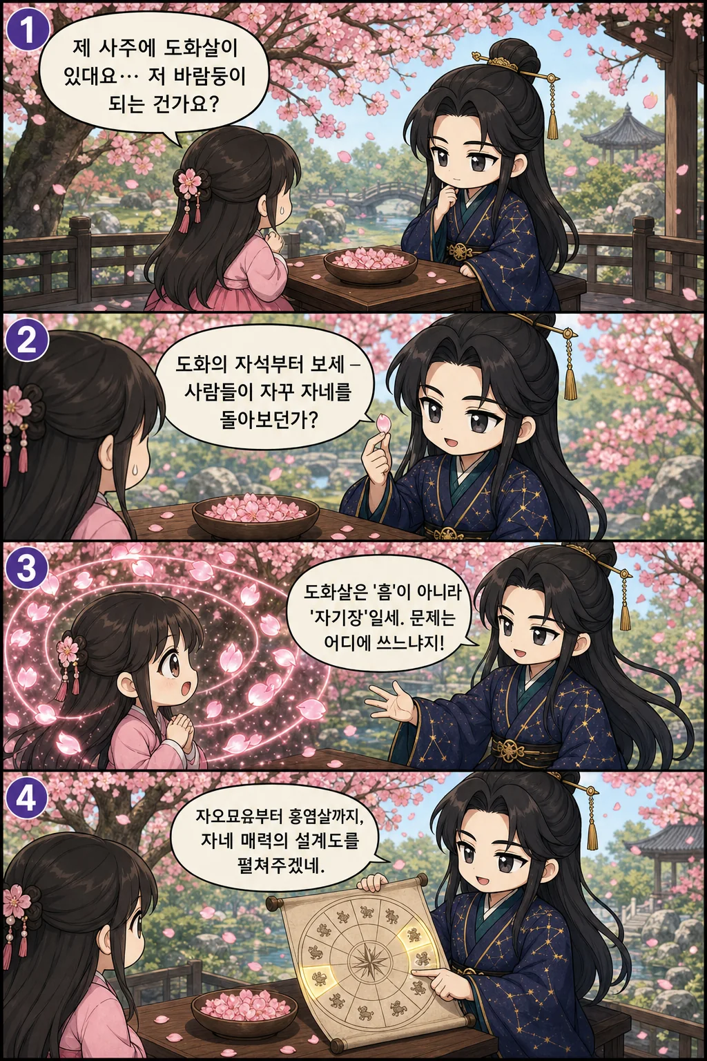 1. 제 사주에 도화살이 있대요… 저 바람둥이 되는 건가요? 2. 도화의 자석부터 보세 — 사람들이 자꾸 자네를 돌아보던가? 3. 도화살은 '흠'이 아니라 '자기장'일세. 문제는 어디에 쓰느냐지! 4. 자오묘유부터 홍염살까지, 자네 매력의 설계도를 펼쳐주겠네.
