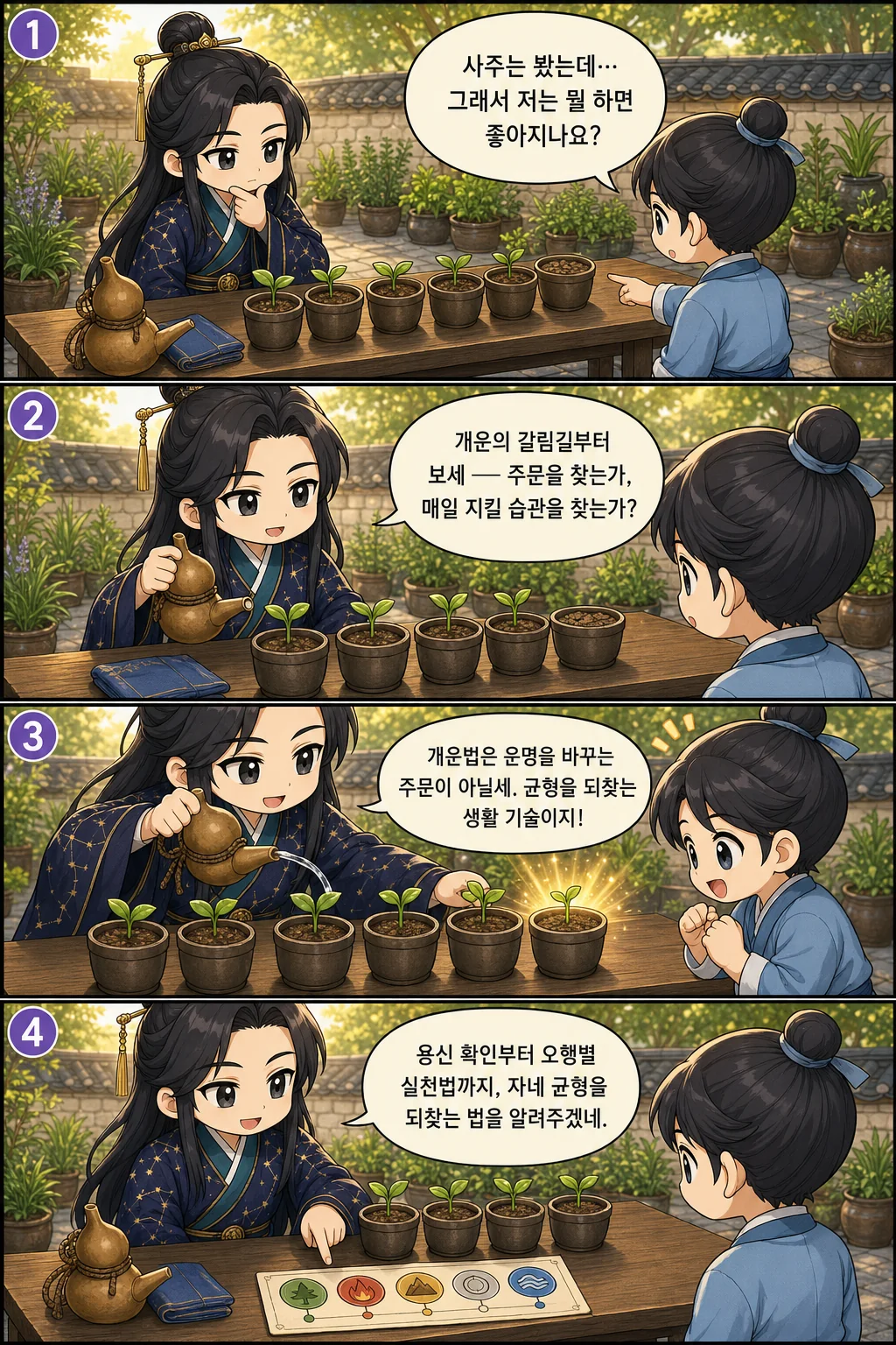 1. 사주는 봤는데… 그래서 저는 뭘 하면 좋아지나요? 2. 개운의 갈림길부터 보세 — 주문을 찾는가, 매일 지킬 습관을 찾는가? 3. 개운법은 운명을 바꾸는 주문이 아닐세. 균형을 되찾는 생활 기술이지! 4. 용신 확인부터 오행별 실천법까지, 자네 균형을 되찾는 법을 알려주겠네.
