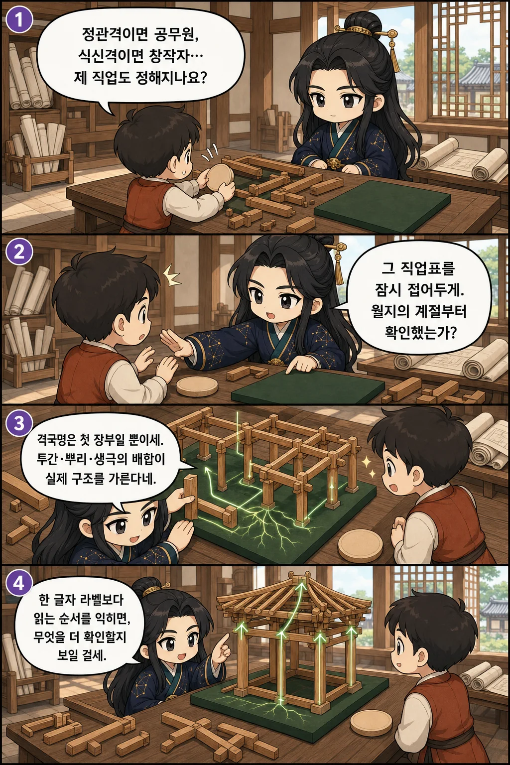 1. 정관격이면 공무원, 식신격이면 창작자… 제 직업도 정해지나요? 2. 그 직업표를 잠시 접어두게. 월지의 계절부터 확인했는가? 3. 격국명은 첫 장부일 뿐이세. 투간·뿌리·생극의 배합이 실제 구조를 가른다네. 4. 한 글자 라벨보다 읽는 순서를 익히면, 무엇을 더 확인할지 보일 걸세.