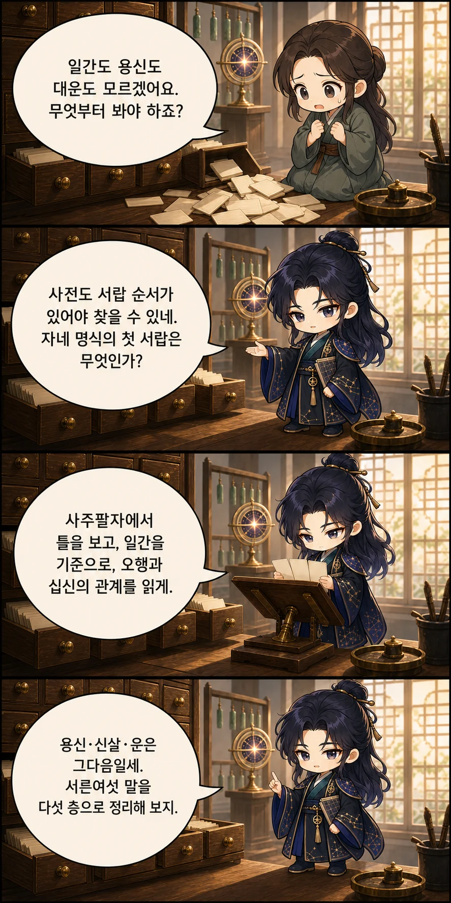 1. 일간도 용신도 대운도 모르겠어요. 무엇부터 봐야 하죠? 2. 사전도 서랍 순서가 있어야 찾을 수 있네. 자네 명식의 첫 서랍은 무엇인가? 3. 사주팔자에서 틀을 보고, 일간을 기준으로, 오행과 십신의 관계를 읽게. 4. 용신·신살·운은 그다음일세. 서른여섯 말을 다섯 층으로 정리해 보지.
