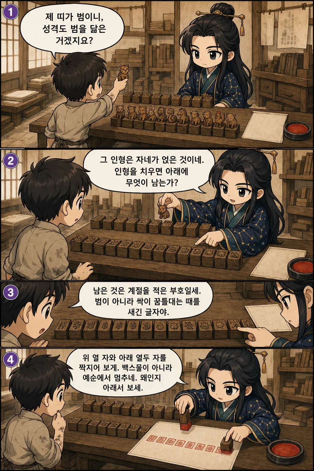 1. 제 띠가 범이니, 성격도 범을 닮은 거겠지요? 2. 그 인형은 자네가 얹은 것이네. 인형을 치우면 아래에 무엇이 남는가? 3. 남은 것은 계절을 적은 부호일세. 범이 아니라 싹이 꿈틀대는 때를 새긴 글자야. 4. 위 열 자와 아래 열두 자를 짝지어 보게. 백스물이 아니라 예순에서 멈추네. 왜인지 아래서 보세.