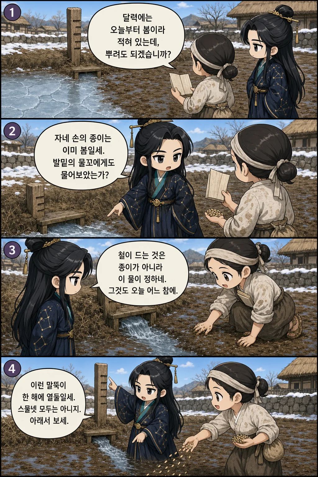 1. 달력에는 오늘부터 봄이라 적혀 있는데, 뿌려도 되겠습니까? 2. 자네 손의 종이는 이미 봄일세. 발밑의 물꼬에게도 물어보았는가? 3. 철이 드는 것은 종이가 아니라 이 물이 정하네. 그것도 오늘 어느 참에. 4. 이런 말뚝이 한 해에 열둘일세. 스물넷 모두는 아니지. 아래서 보세.