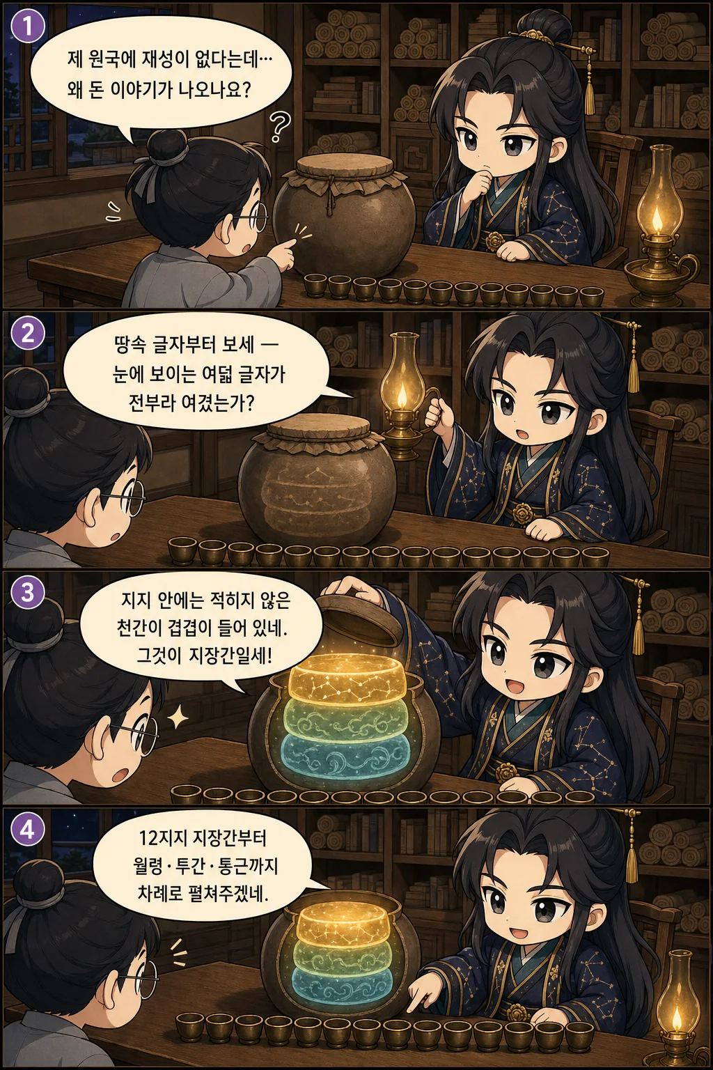 1. 제 원국에 재성이 없다는데… 왜 돈 이야기가 나오나요? 2. 땅속 글자부터 보세 — 눈에 보이는 여덟 글자가 전부라 여겼는가? 3. 지지 안에는 적히지 않은 천간이 겹겹이 들어 있네. 그것이 지장간일세! 4. 12지지 지장간부터 월령·투간·통근까지 차례로 펼쳐주겠네.