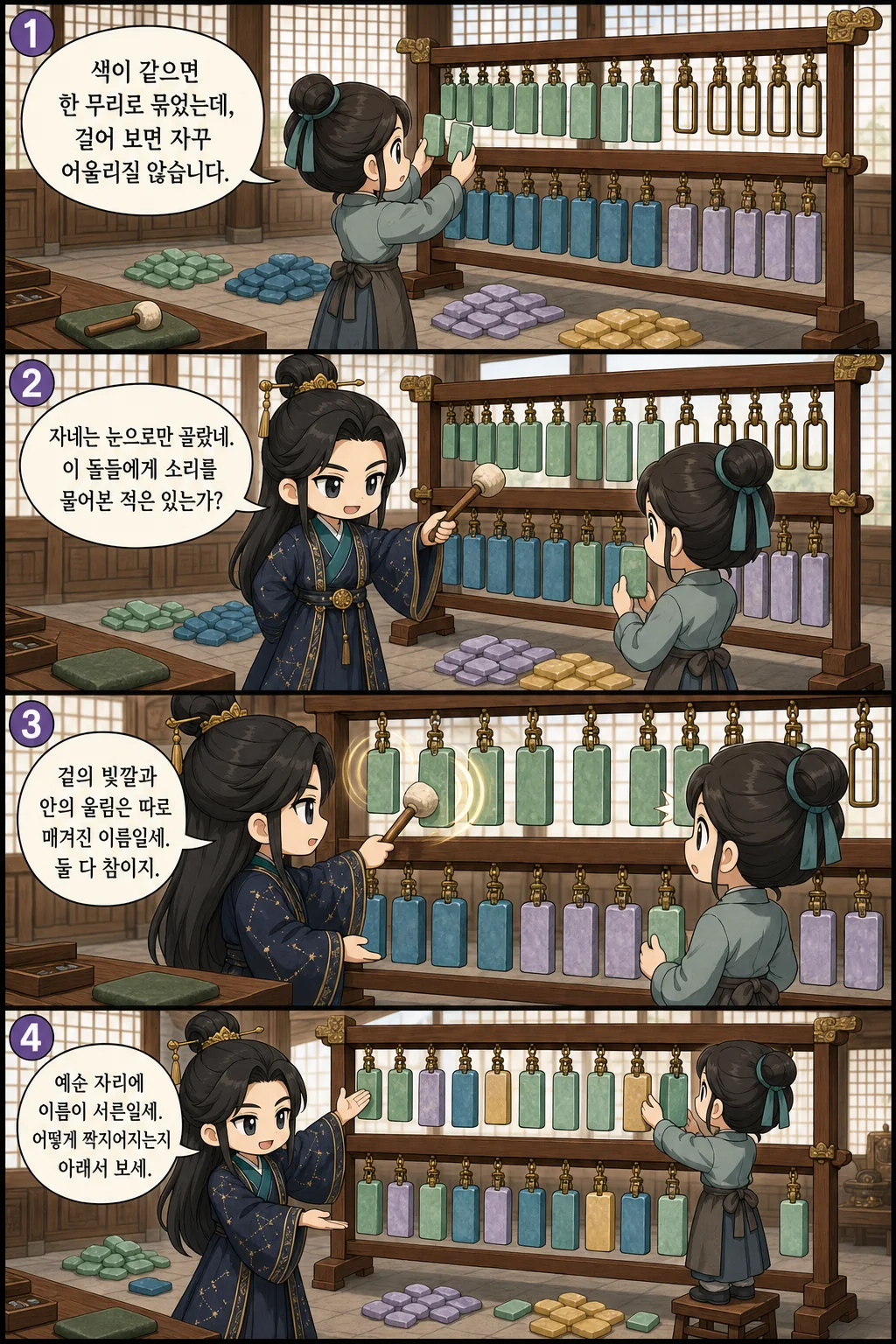 1. 색이 같으면 한 무리로 묶었는데, 걸어 보면 자꾸 어울리질 않습니다. 2. 자네는 눈으로만 골랐네. 이 돌들에게 소리를 물어본 적은 있는가? 3. 겉의 빛깔과 안의 울림은 따로 매겨진 이름일세. 둘 다 참이지. 4. 예순 자리에 이름이 서른일세. 어떻게 짝지어지는지 아래서 보세.