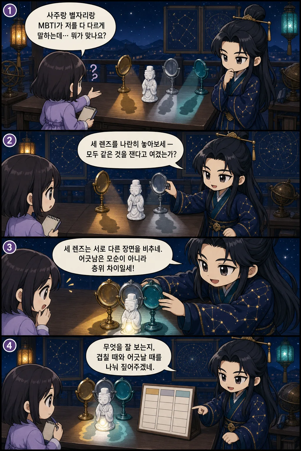 1. 사주랑 별자리랑 MBTI가 저를 다 다르게 말하는데… 뭐가 맞나요? 2. 세 렌즈를 나란히 놓아보세 — 모두 같은 것을 잰다고 여겼는가? 3. 세 렌즈는 서로 다른 장면을 비추네. 어긋남은 모순이 아니라 층위 차이일세! 4. 무엇을 잘 보는지, 겹칠 때와 어긋날 때를 나눠 짚어주겠네.