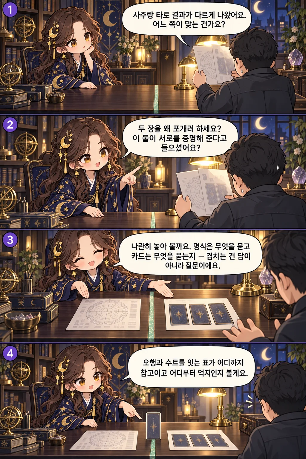 1. 사주랑 타로 결과가 다르게 나왔어요. 어느 쪽이 맞는 건가요? 2. 두 장을 왜 포개려 하세요? 이 둘이 서로를 증명해 준다고 들으셨어요? 3. 나란히 놓아 볼까요. 명식은 무엇을 묻고 카드는 무엇을 묻는지 — 겹치는 건 답이 아니라 질문이에요. 4. 오행과 수트를 잇는 표가 어디까지 참고이고 어디부터 억지인지 볼게요.