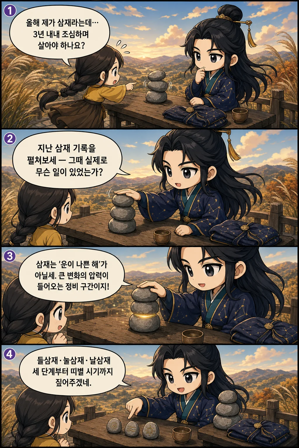 1. 올해 제가 삼재라는데… 3년 내내 조심하며 살아야 하나요? 2. 지난 삼재 기록을 펼쳐보세 — 그때 실제로 무슨 일이 있었는가? 3. 삼재는 '운이 나쁜 해'가 아닐세. 큰 변화의 압력이 들어오는 정비 구간이지! 4. 들삼재·눌삼재·날삼재 세 단계부터 띠별 시기까지 짚어주겠네.