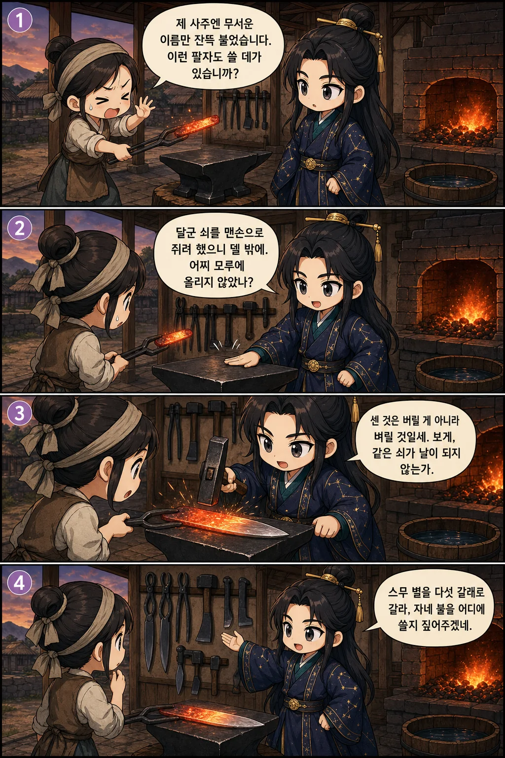 1. 제 사주엔 무서운 이름만 잔뜩 붙었습니다. 이런 팔자도 쓸 데가 있습니까? 2. 달군 쇠를 맨손으로 쥐려 했으니 델 밖에. 어찌 모루에 올리지 않았나? 3. 센 것은 버릴 게 아니라 벼릴 것일세. 보게, 같은 쇠가 날이 되지 않는가. 4. 스무 별을 다섯 갈래로 갈라, 자네 불을 어디에 쓸지 짚어주겠네.