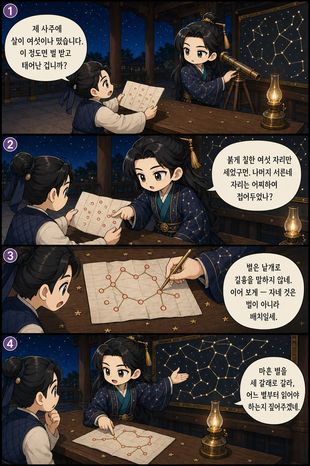 1. 제 사주에 살이 여섯이나 떴습니다. 이 정도면 벌 받고 태어난 겁니까? 2. 붉게 칠한 여섯 자리만 세었구먼. 나머지 서른네 자리는 어찌하여 접어두었나? 3. 별은 낱개로 길흉을 말하지 않네. 이어 보게 — 자네 것은 벌이 아니라 배치일세. 4. 마흔 별을 세 갈래로 갈라, 어느 별부터 읽어야 하는지 짚어주겠네.