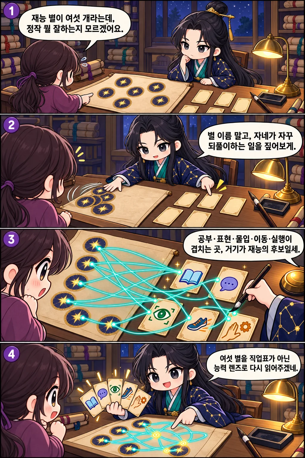 1. 재능 별이 여섯 개라는데, 정작 뭘 잘하는지 모르겠어요. 2. 별 이름 말고, 자네가 자꾸 되풀이하는 일을 짚어보게. 3. 공부·표현·몰입·이동·실행이 겹치는 곳, 거기가 재능의 후보일세. 4. 여섯 별을 직업표가 아닌 능력 렌즈로 다시 읽어주겠네.