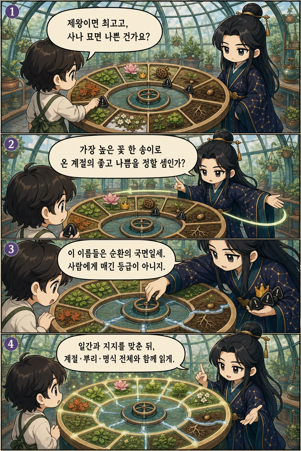 1. 제왕이면 최고고, 사나 묘면 나쁜 건가요? 2. 가장 높은 꽃 한 송이로 온 계절의 좋고 나쁨을 정할 셈인가? 3. 이 이름들은 순환의 국면일세. 사람에게 매긴 등급이 아니지. 4. 일간과 지지를 맞춘 뒤, 계절·뿌리·명식 전체와 함께 읽게.