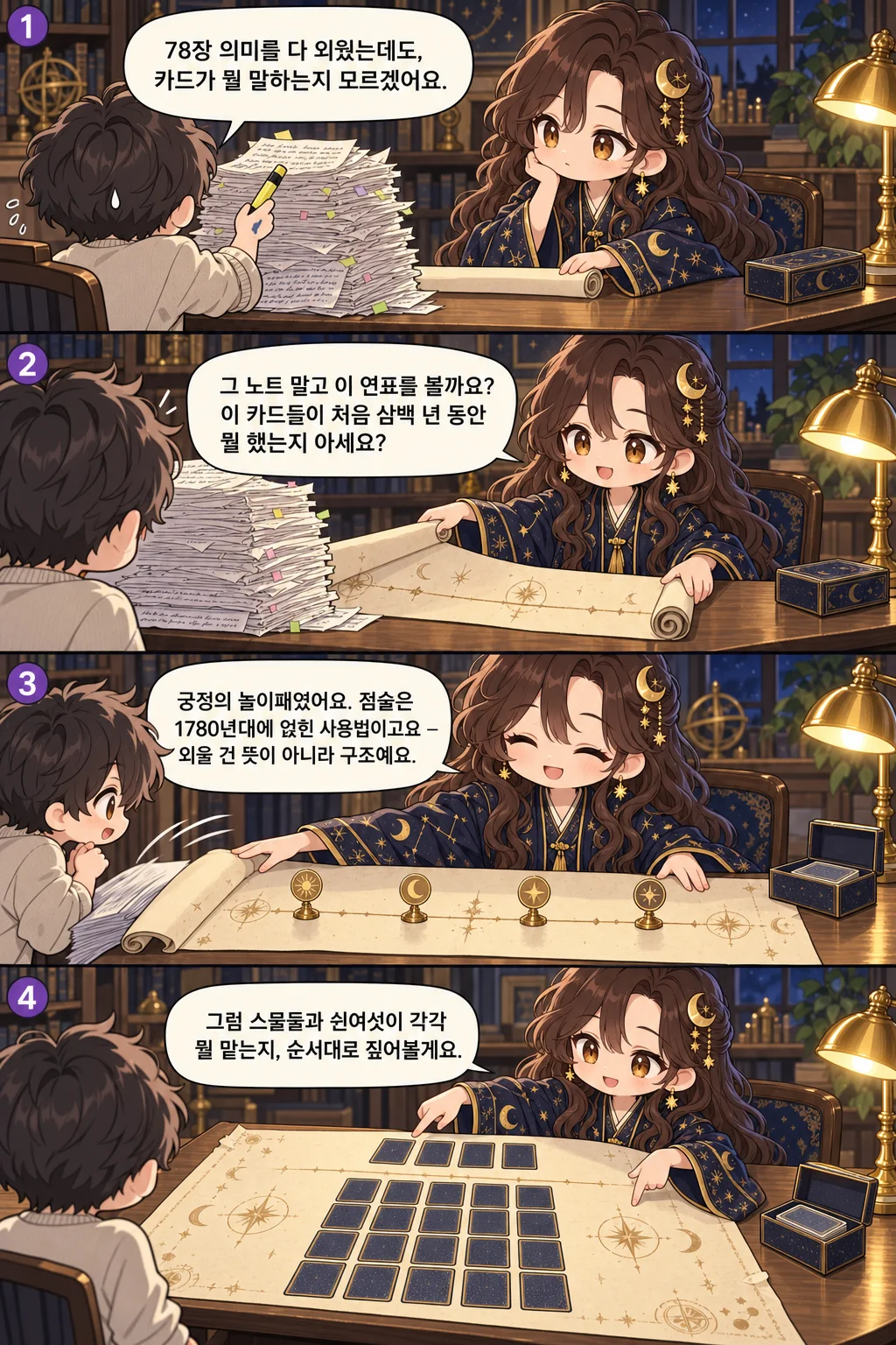 1. 78장 의미를 다 외웠는데도, 카드가 뭘 말하는지 모르겠어요. 2. 그 노트 말고 이 연표를 볼까요? 이 카드들이 처음 삼백 년 동안 뭘 했는지 아세요? 3. 궁정의 놀이패였어요. 점술은 1780년대에 얹힌 사용법이고요 — 외울 건 뜻이 아니라 구조예요. 4. 그럼 스물둘과 쉰여섯이 각각 뭘 맡는지, 순서대로 짚어볼게요.
